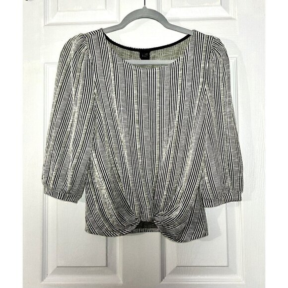 W5 Anthropologie Green & White Striped Cropped 3/4 Puff Sleeve M Cute Fall Tops - Picture 1 of 9